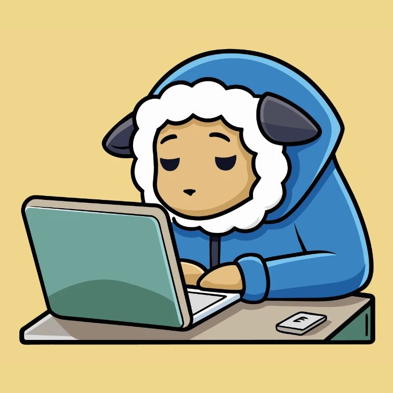 Un mignon mouton hacker dort dans un sweat à capuche devant le PC