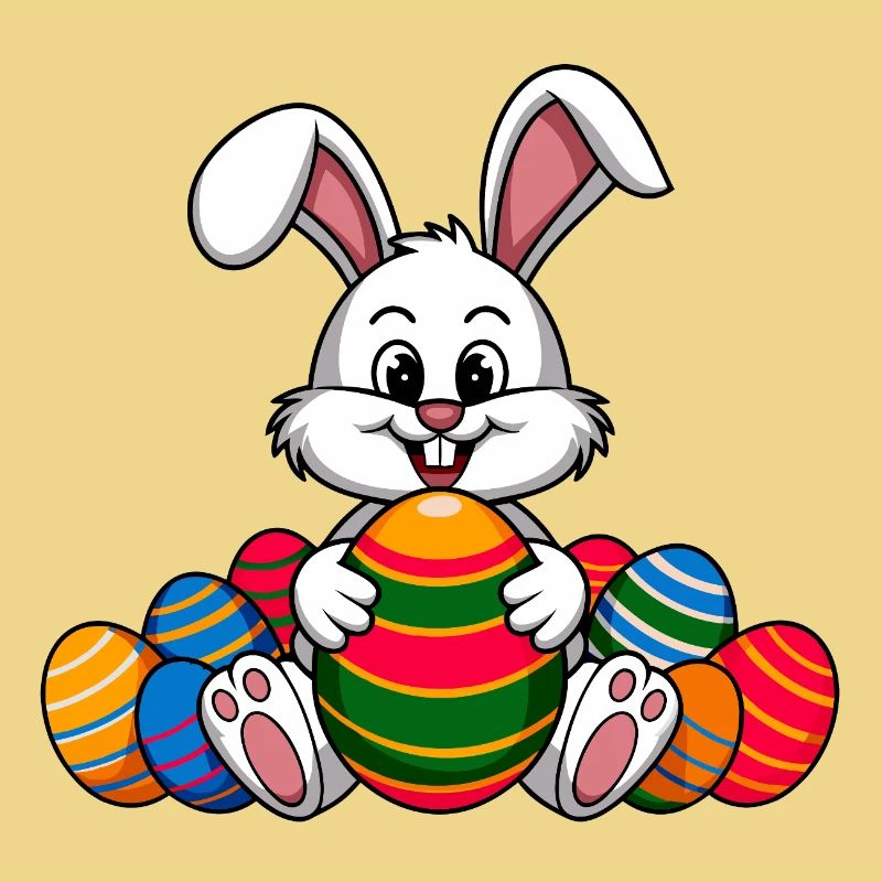 Funny Easter bunny with lots of colorful Easter eggs