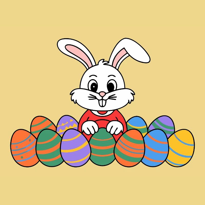 Funny Easter bunny with lots of colorful Easter eggs