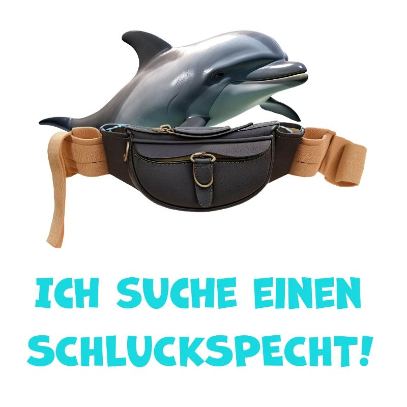 Delfin in Bauchtasche sucht einen Schluckspecht!