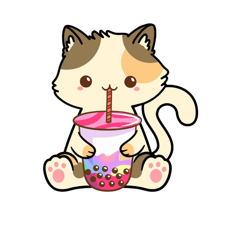 Cute cat kitten drinks Boba Tea Bubble Tea
