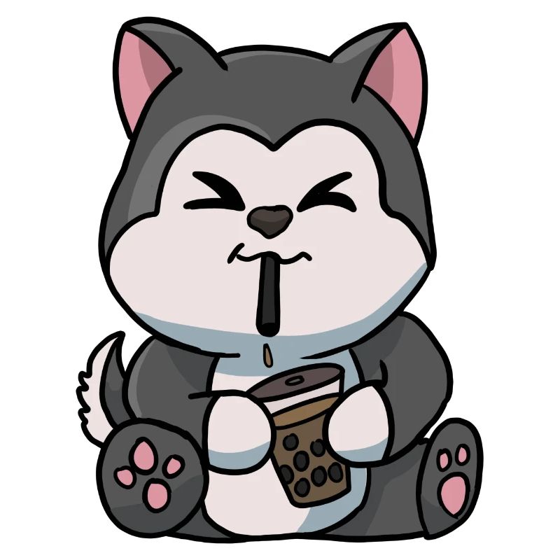 Anime Kawaii Bubble Tea Drinking Husky Hand Drawn