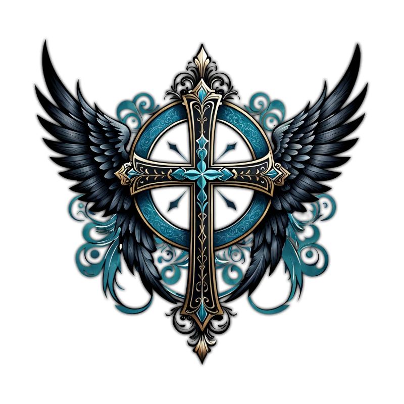 Cross adorned with wings.