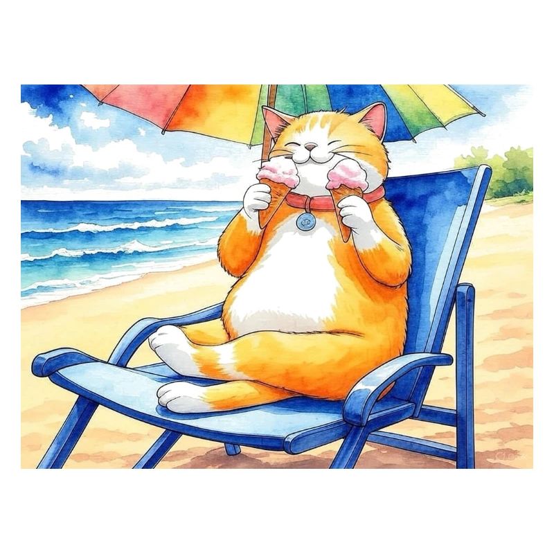 Katze am Strand mit Eiscreme