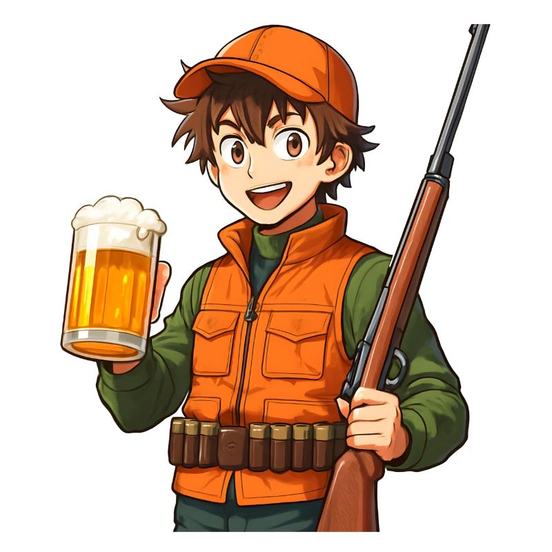 Jägerheld mit Bier und Flinte