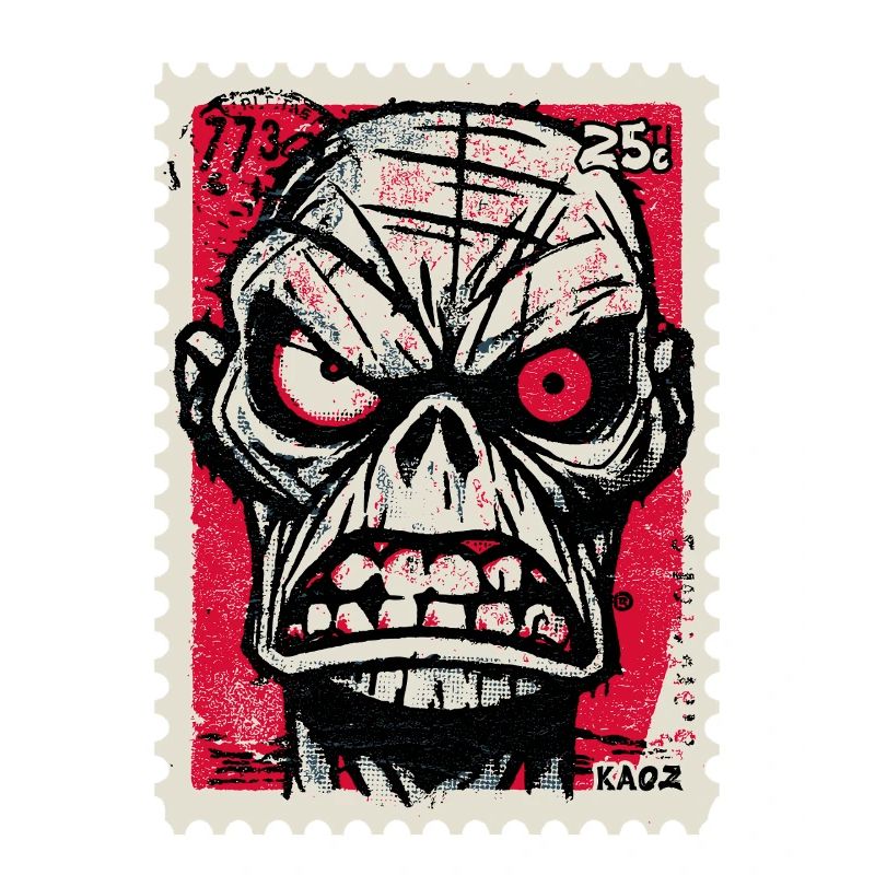 Angry skull on postage stamp