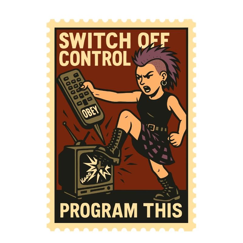 Punk kicks TV with remote control in hand