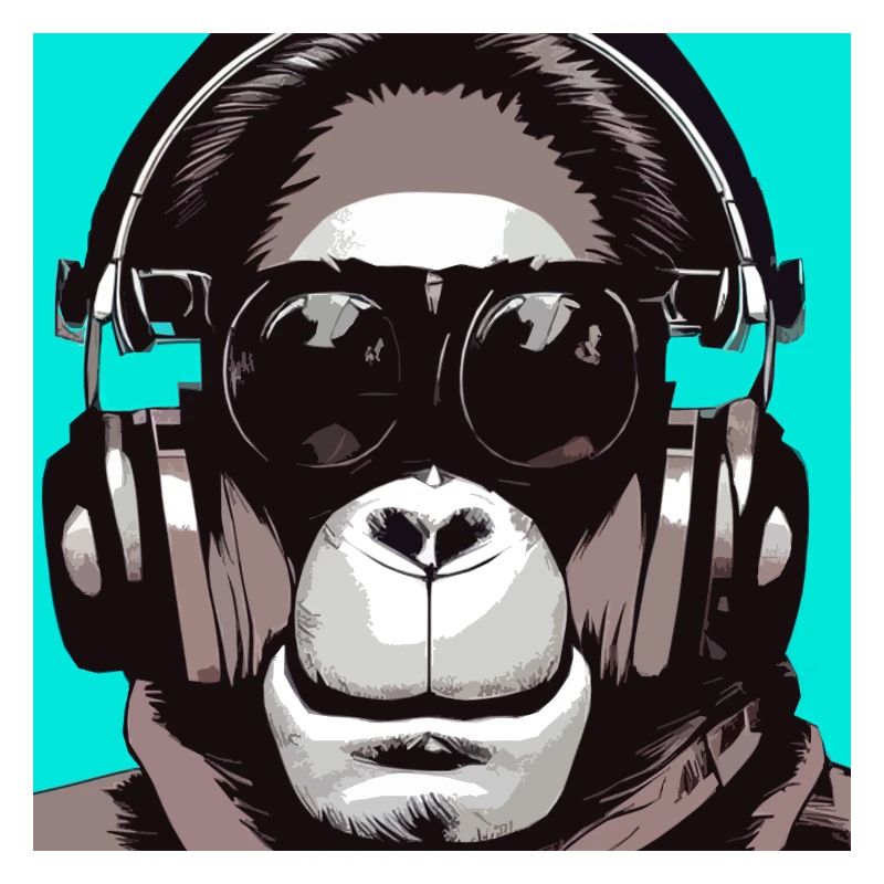 Affe hört Musik mit Kopfhörern