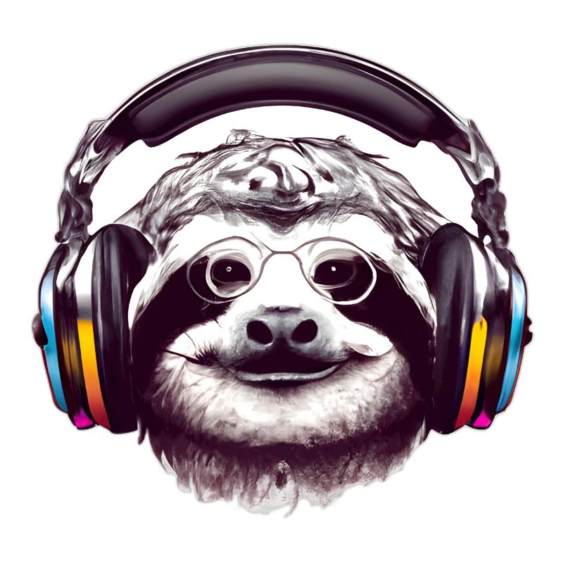 Faultier mit Brille und Kopfhörern hört Musik