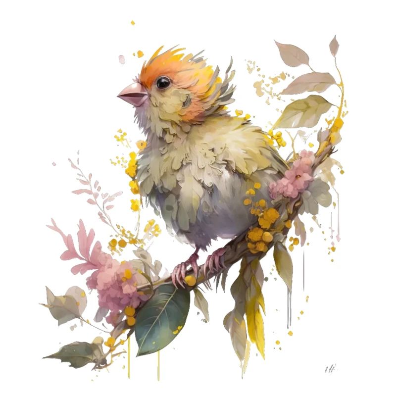 Kleiner Watercolor Vogel mit Blättern und Blumen