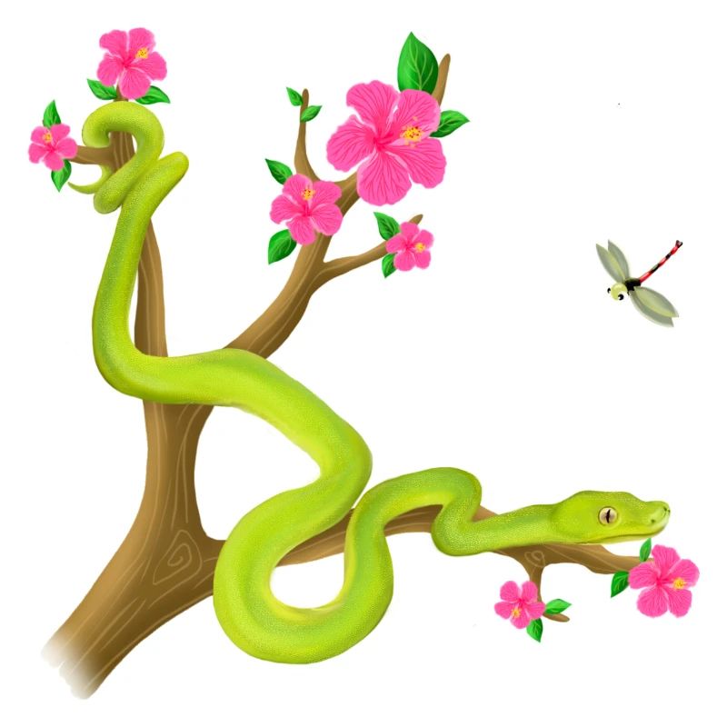 Le serpent Python vert sur l’arbre avec des fleurs