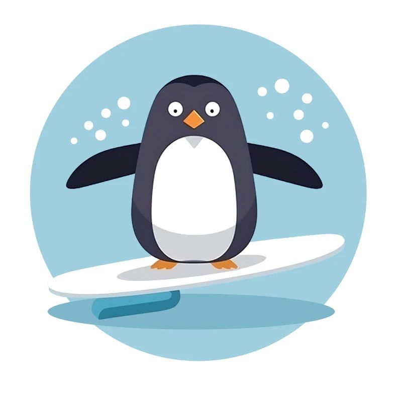Cute surfing penguin on a surfboard