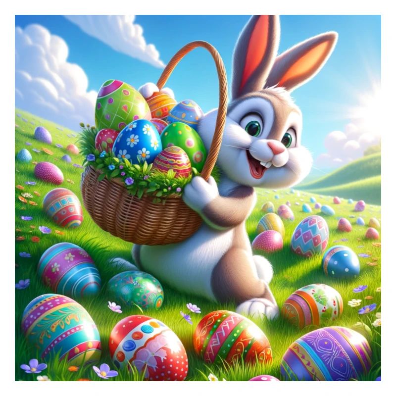 a cheerful easter bunny on a green meadow
