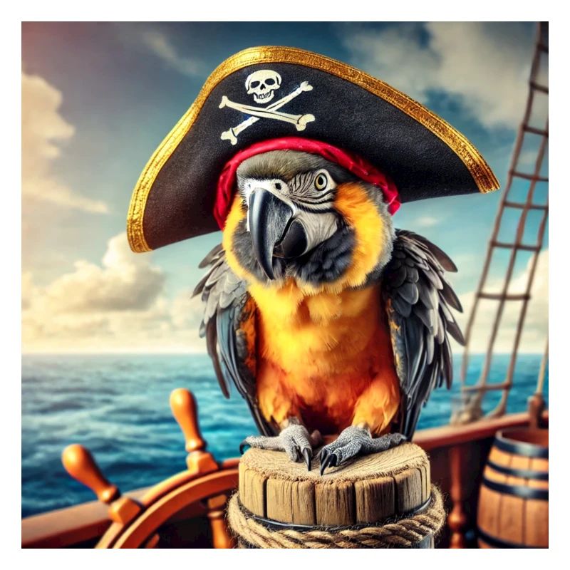 Bunter Papagei mit Piratenhut auf einem Schiff.