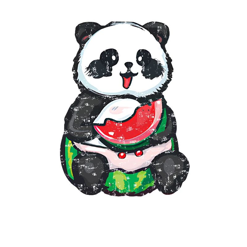 Un panda mignon s’assoit et mange une pastèque