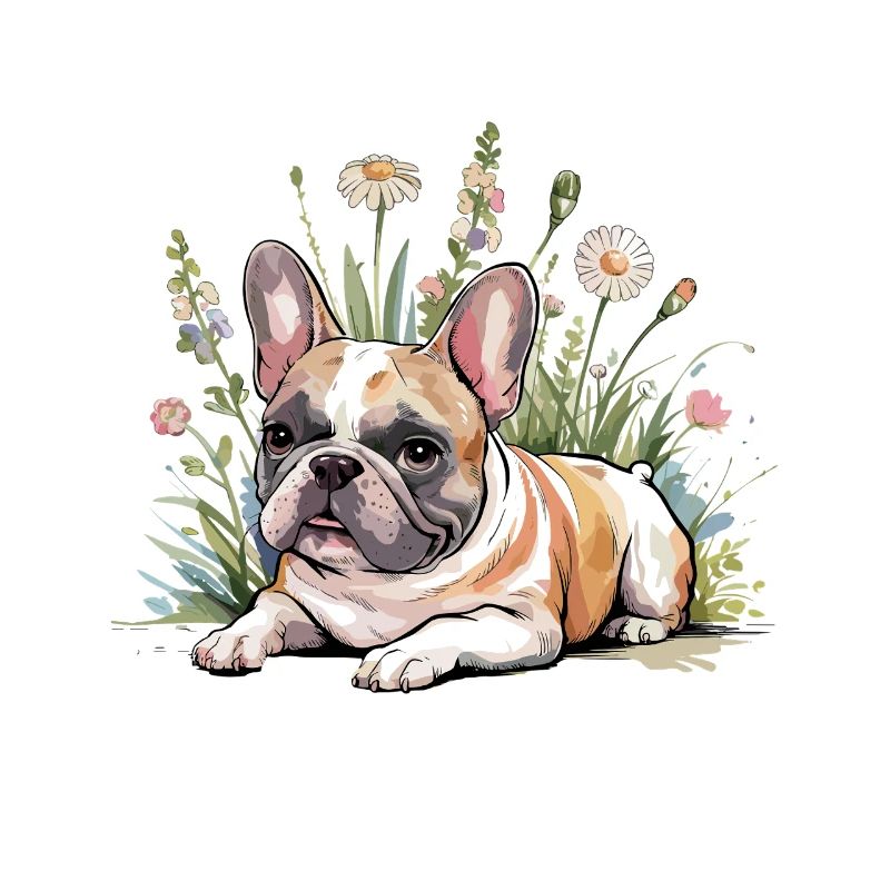 Bouledogue français dans un champ de fleurs relaxant