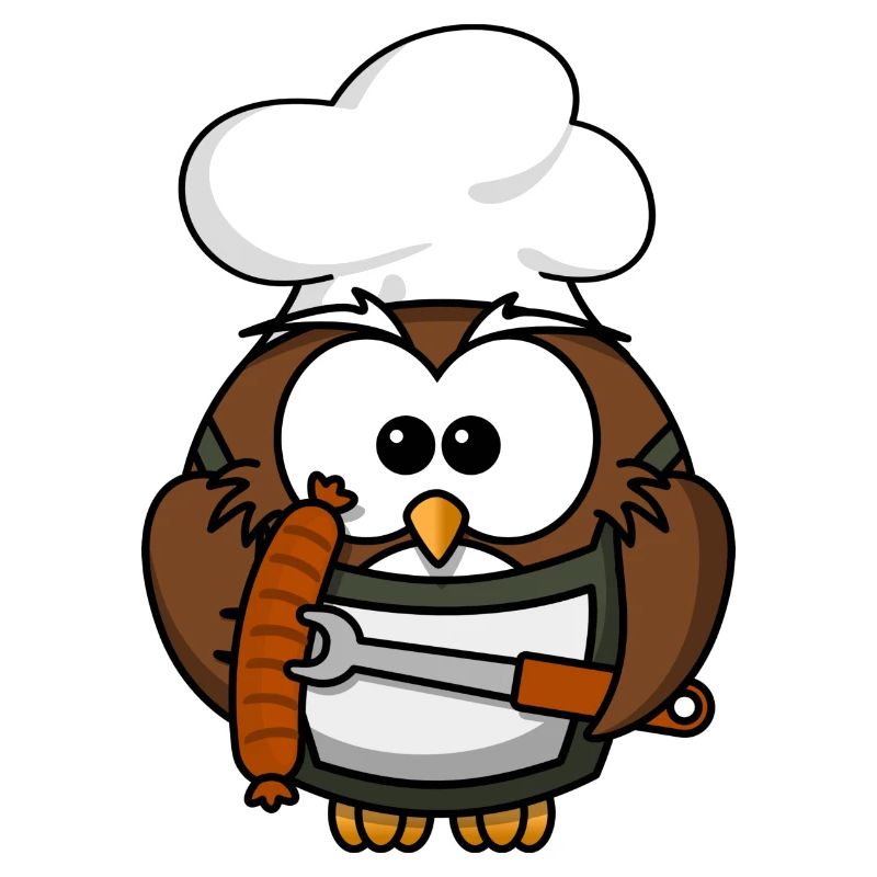 Eule am Grill mit Essen Comic Stil