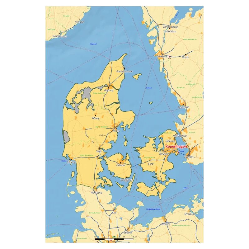 Denmark map with cities, roads, rivers, lakes