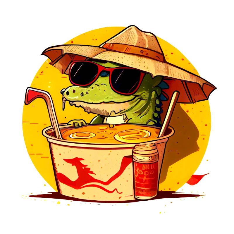 Cool crocodile sits in ramen noodle soup