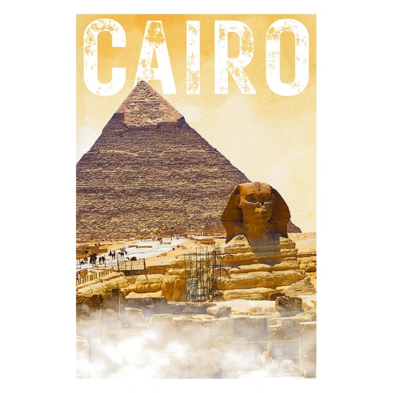 Affiche de voyage vintage du Caire avec pyramide et sphinx