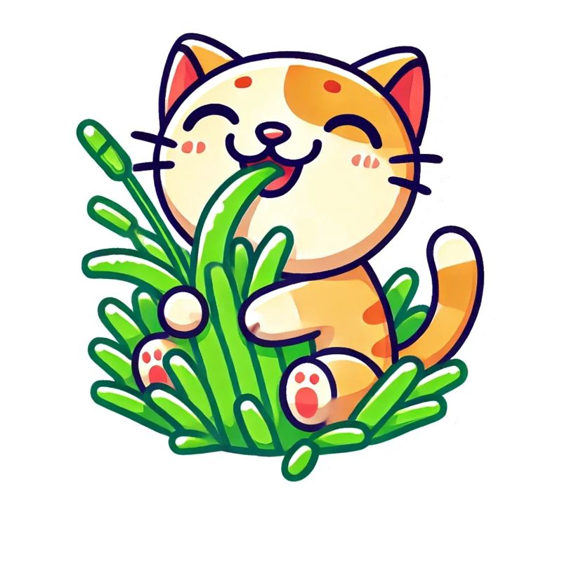 Chat roux mignon mangeant de l’herbe verte