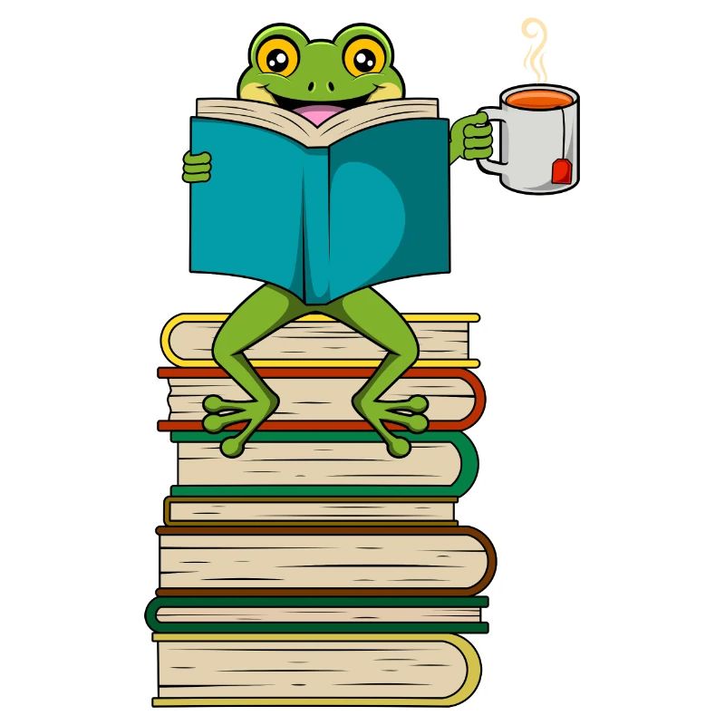 Funny Frog Book Reading and Drinking Tea