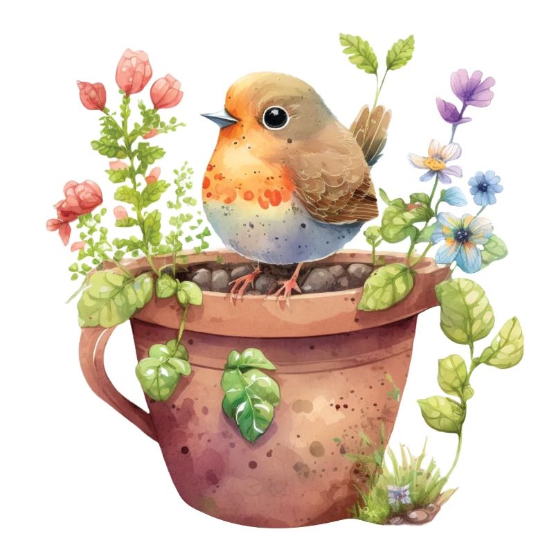 Blumentopf und Vogel