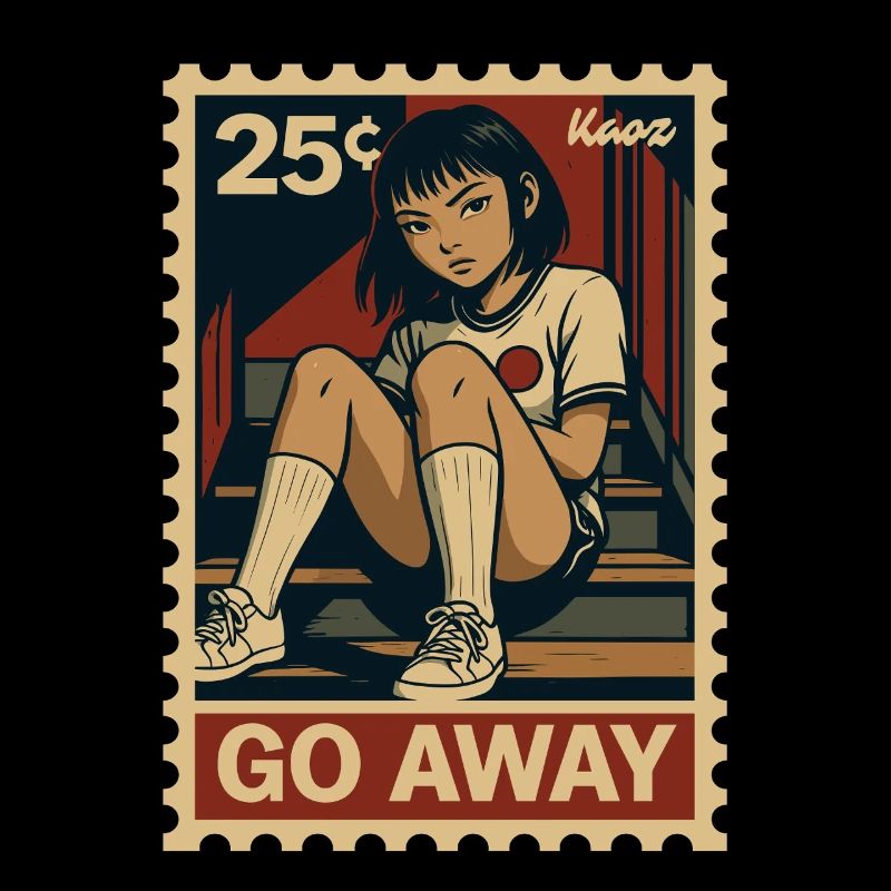 Comic Mädchen auf Treppe Briefmarke, geh weg!