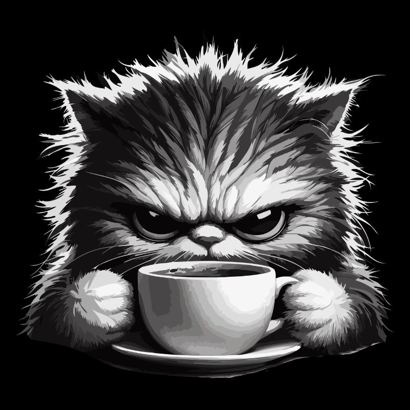 Eine nervöse, schläfrige Katze mit einer Tasse Kaffee.