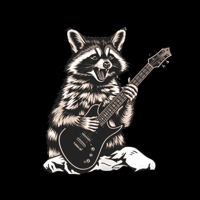 Waschbär der auf einer E-Gitarre abrockt