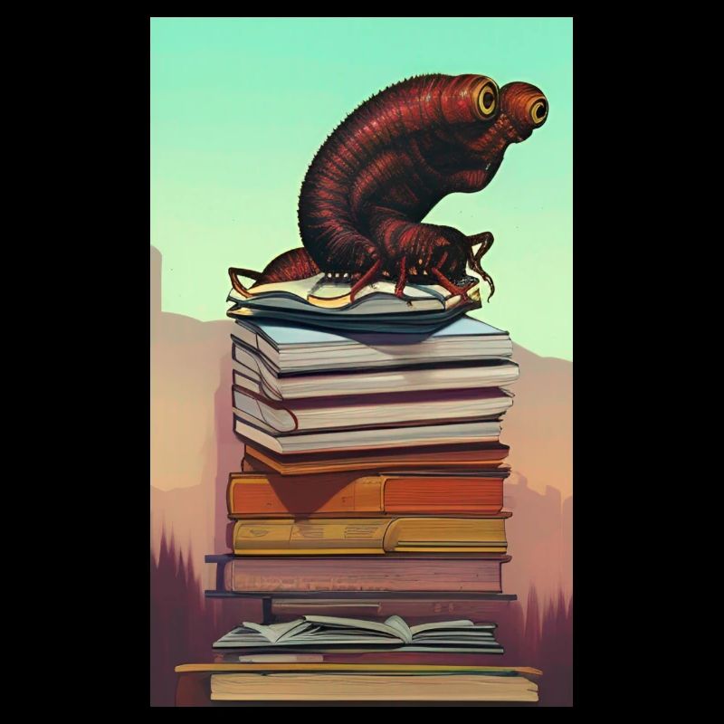 Comic Cartoon Creepy Bookworm Book Stack