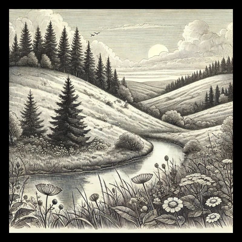 Gravure paysagère de forêt fluviale