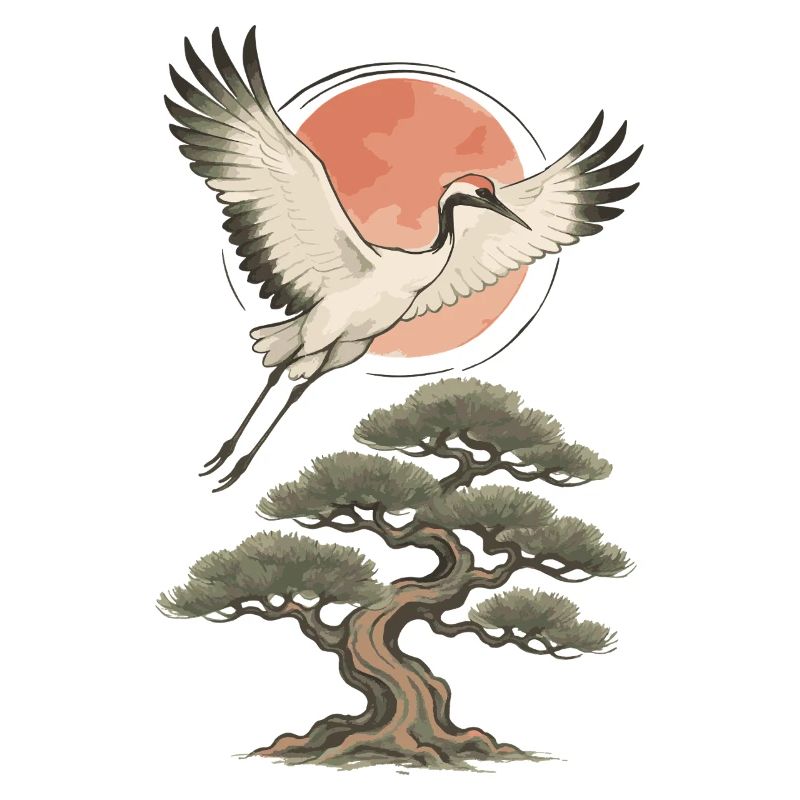 Flying Crane Over Pine Tree