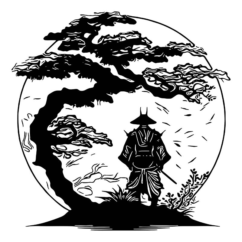 Japanese warrior under cherry blossoms