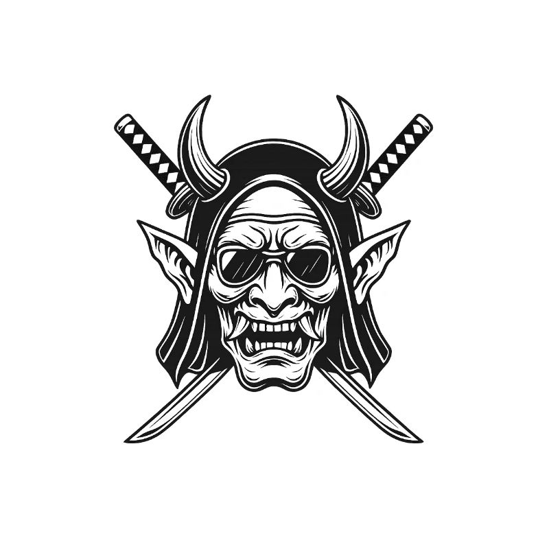 Dämonenkopf und Schwerter Logo