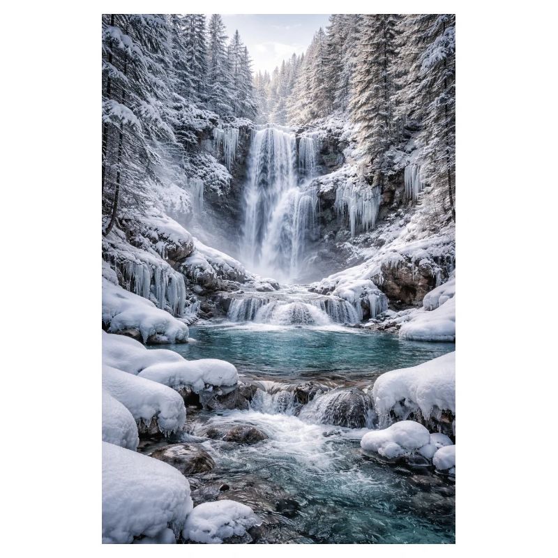 Cascade hivernale dans une forêt enneigée