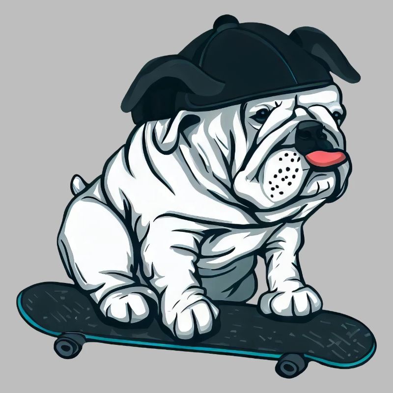 Mops auf Skateboard mit Basecap