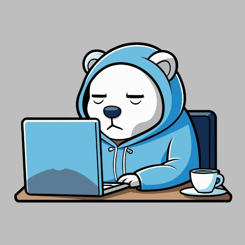 Un ours polaire hacker mignon dort dans un sweat à capuche devant le PC