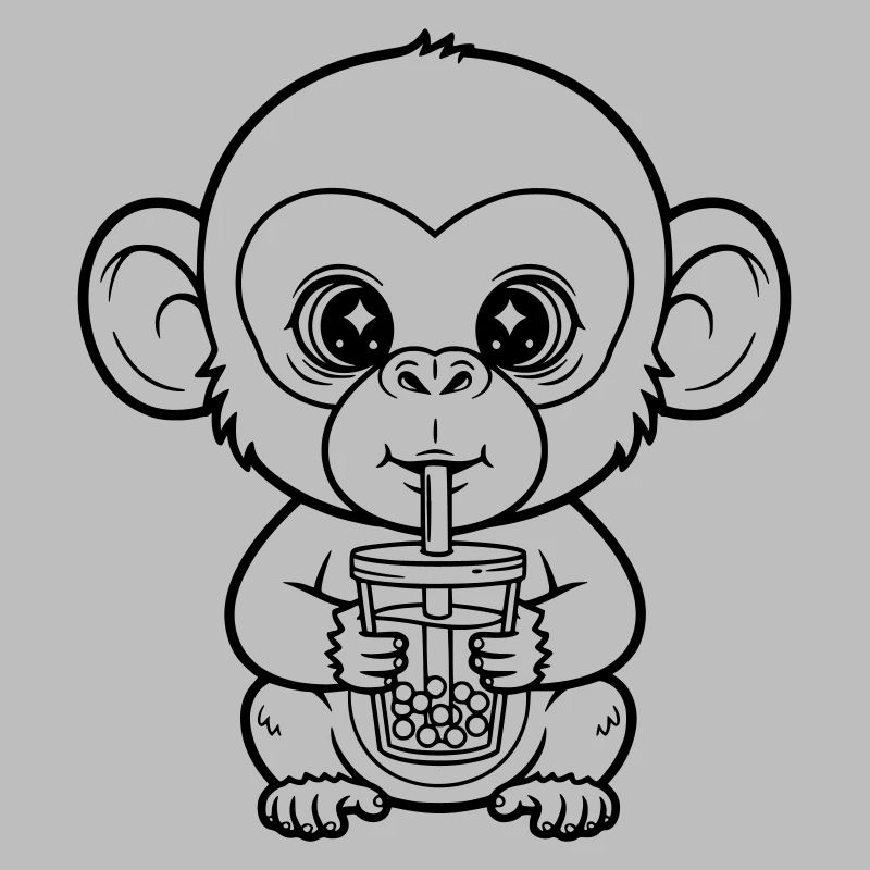 Cute Monkey with Bubble Tea Line Art Design