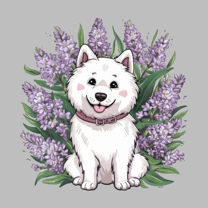Spitz Samoyède doux avec un beau lilas