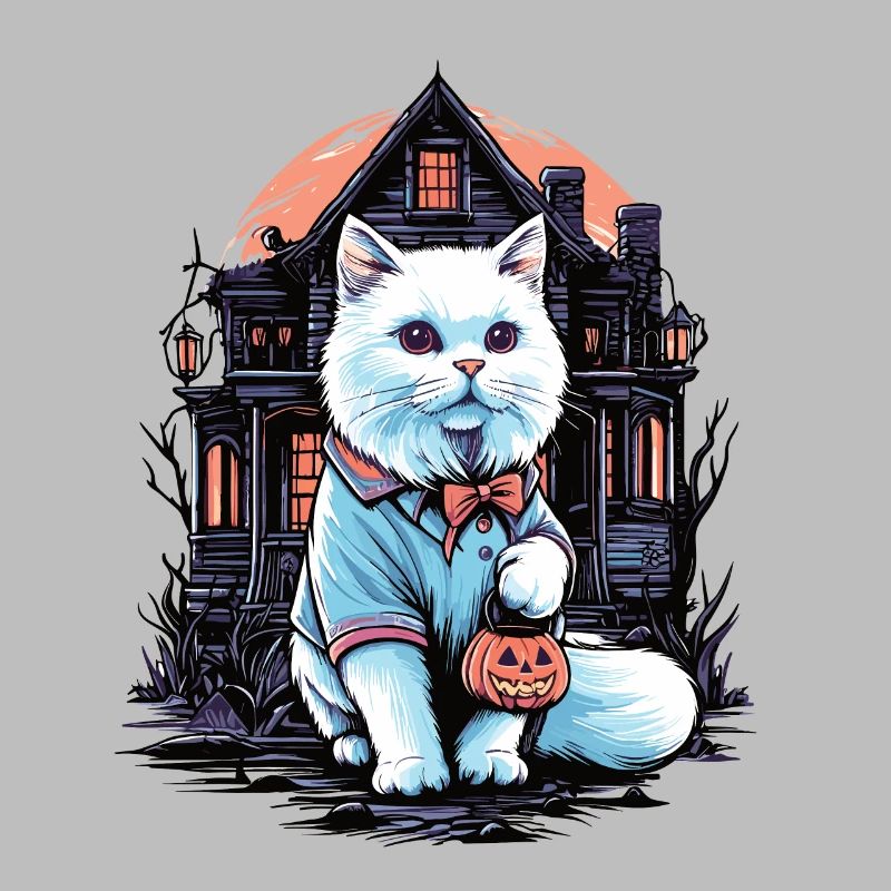 Halloween weiße Katze im Kapuzenpullover mit Spukhaus