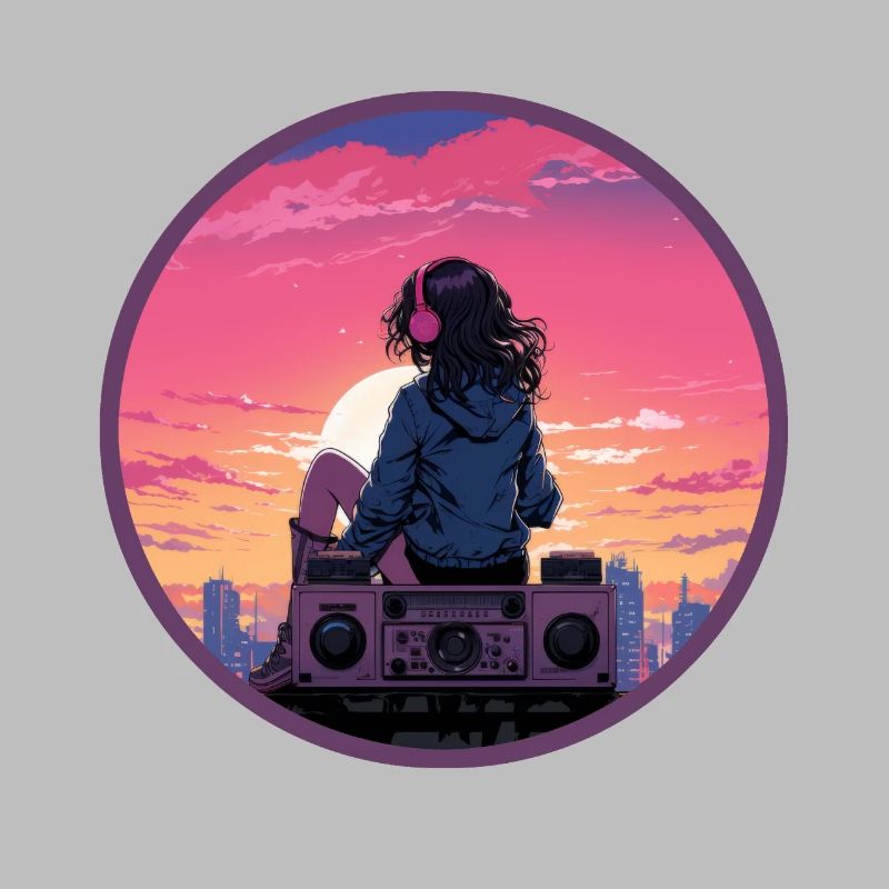 Fille d’anime réfléchie Vaporwave Boombox Retro