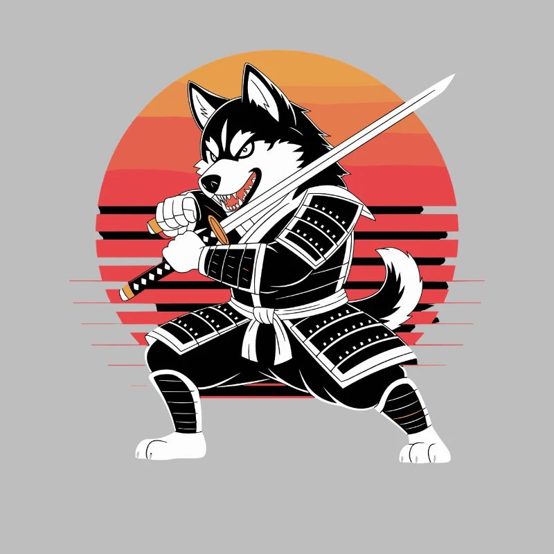 Husky Samurai Warrior With Katana Before Retro