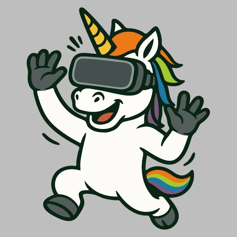 VR-Einhorn-Maskottchen mit Regenbogendetails