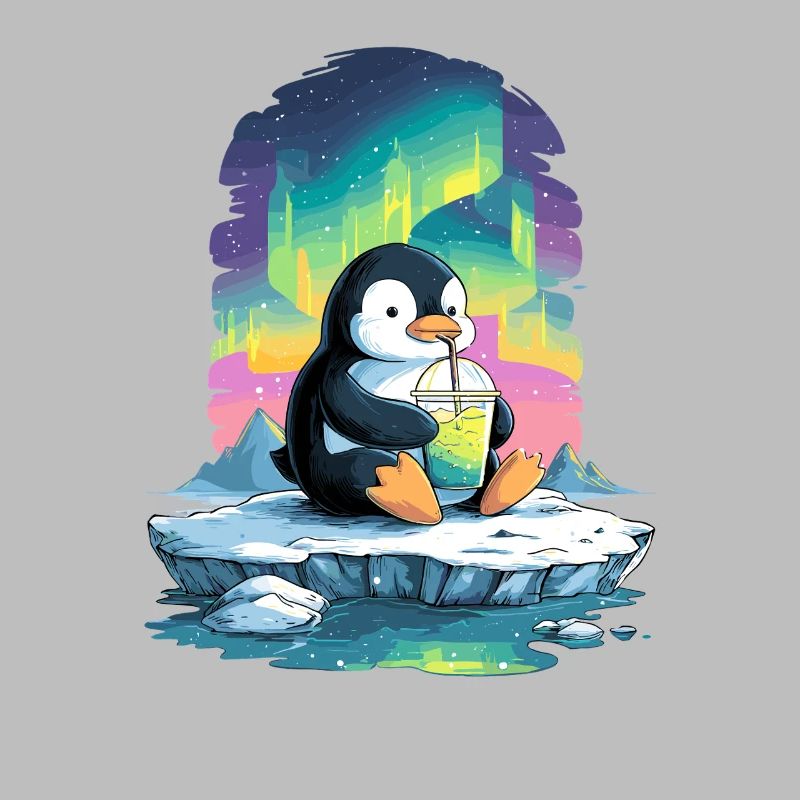 Pinguin am Eis mit Neon-Aurora