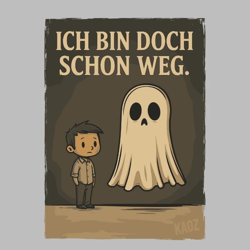 Junge mit Geist und Text „Ich bin doch schon weg“