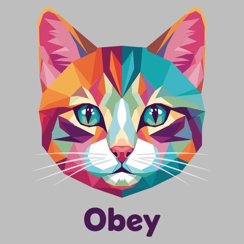 Geometrischer Katzenkopf mit Obey-Text