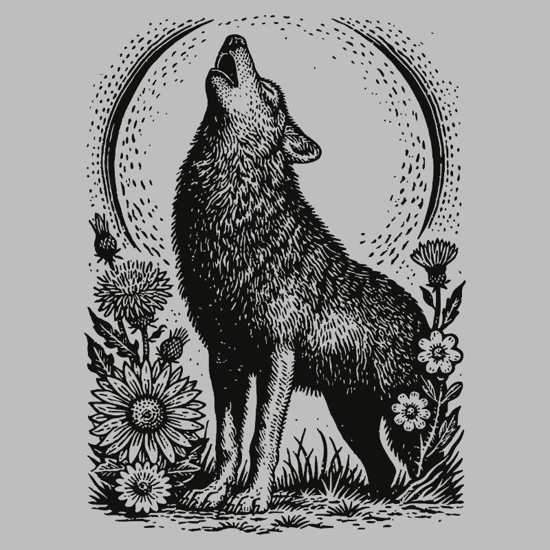 Howling Wolf in Floral Circular Frame
