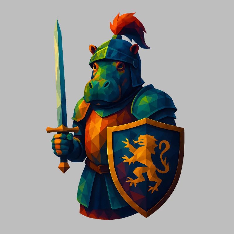 Animaux de style WPAP - Hippopotame avec armure de chevalier, épée