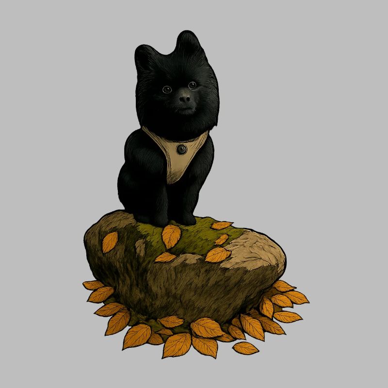 Black Spitz Dog on Tree Trunk
